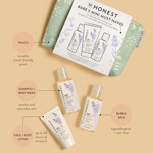 The Honest Company Babe's Mini Must Haves Gift Set | Travel Size Hypoallergenic Lavender Bathtime Essentials | Shampoo + Body Wash (2 fl oz), Face + Body Lotion (1 fl oz), Bubble Bath (2 fl oz)