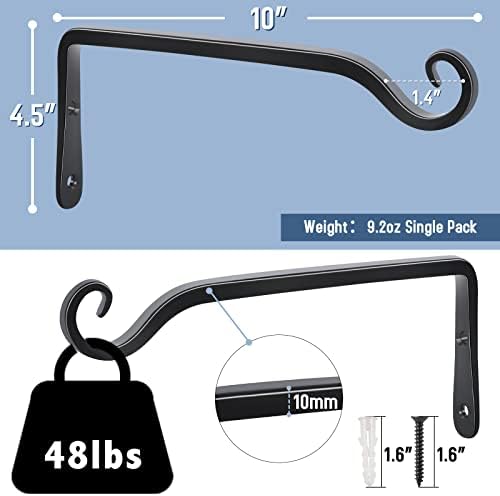 FEED GARDEN Wall Hook Hanging Plant Bracket 10 Inch 2 Pack, Hand-Forged Plant Hanger for Hanging Bird Feeders, Wind Chimes, Flower Baskets, Yoga Mat, Indoor/Outdoor Use, Black