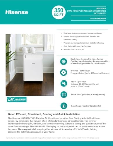Hisense 8,000 BTU Portable Air Conditioner with Dual Hose & Inverter, 350 Sq Ft, Wi-Fi, ConnectLife App Google and Alexa, 3 operating modes, Noise 42 dB(A) - HAP0824TWD (Renewed), White