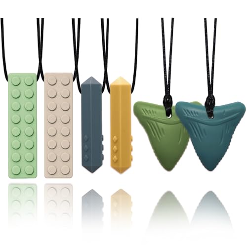 Chew Necklaces for Sensory Kids, 6 Pack Sensory Chew Necklaces for Boys and Girls with Autism, ADHD, SPD, Chewing (Fruit Green, Khaki, Grey, Yellow, Olive Green, Green Coffee)