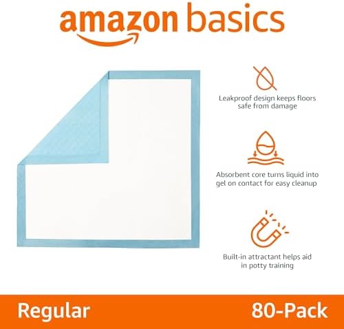 Amazon Basics Heavy Duty Dog and Puppy Pee Pads, 5-Layer Leak-Proof Ultra Absorbent, Quick-Dry Surface, Potty Training, Regular (24x23"), 50 Count, Blue & White