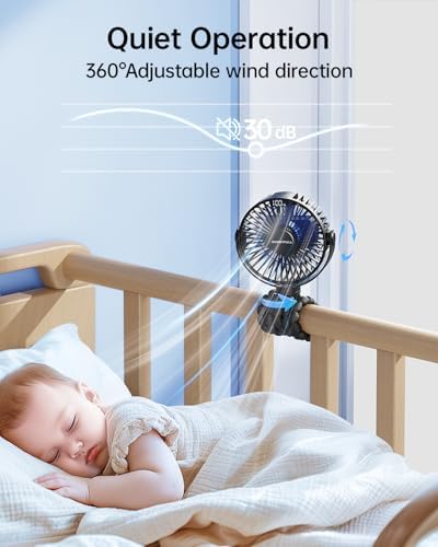 SWEETFULL Portable Stroller Fan with Display 4000mAh Battery Powered Mini Clip On Fan, 4-Speed Rechargeable Small Personal Cooling for Baby Car Seat Crib Travel - Black