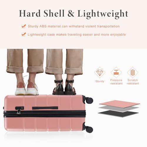 Sweetcrispy Carry on Luggage, Hard Shell ABS, Double Spinner Wheels Lightweight Suitcase TSA Lock, Light Pink, 3-PCS Set (20/24/28 Inch)