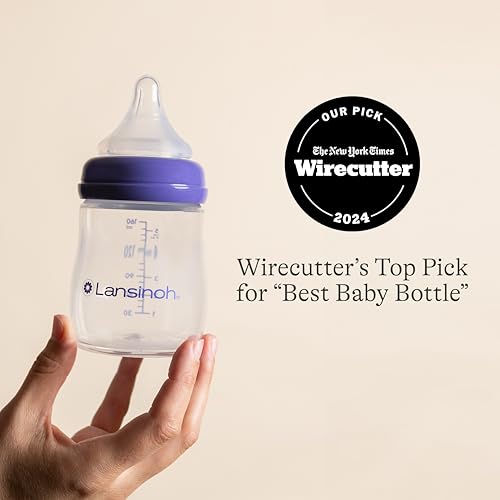 Lansinoh Anti-Colic Baby Bottle for Breastfeeding Babies, 5 Ounces, 1 Count, Includes 1 Slow Flow Nipple, Size S and Stackable Lid