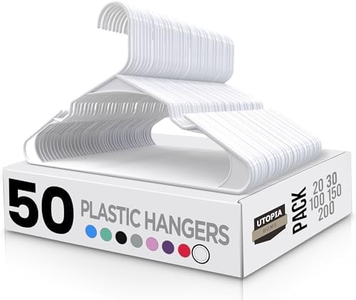 Utopia Home - Plastic Hangers 50 Pack - Space Saving Clothes Hanger - Durable and Strong Closet Organizers and Storage Makes It Ideal Apartment or Dorm Room Essentials for Girls or Guys (White)