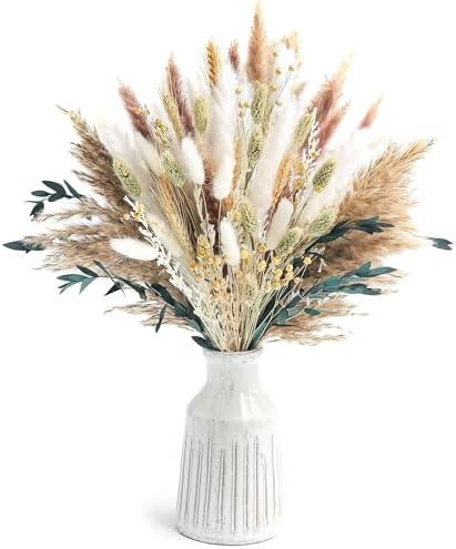 126pcs Dried Pampas Grass Decorations, Dried Flowers, Dried Bouquet in Vase, Reed Grass Bouquet for Bohemian Floral Home Wedding, Table Centerpieces, Rustic Farmhouse Decor. (Vase Not Included)