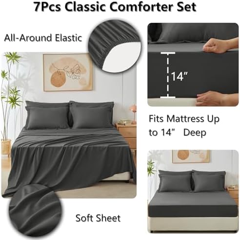 CozyLux Queen Comforter Set Dark Grey - Bed in a Bag Queen Size 7 Pieces, Luxury Soft Bed Set for All Seasons, Bedding Set with Down Alternative Comforter, Sheets, Pillowcases & Shams