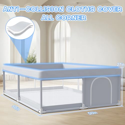 Baby Playpen 50 x 50 Inch Play Pen Playards, Playpen for Babies and Toddlers, Baby Playard for Indoor & Outdoor Active Center Game Fence, with Skin-Friendly Fabric and Soft Breathable Mesh Grey