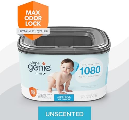 The Diaper Genie Jumbo+ Square Refill, with continuous film, can hold up to 1080 newborn-sized diapers per refill.