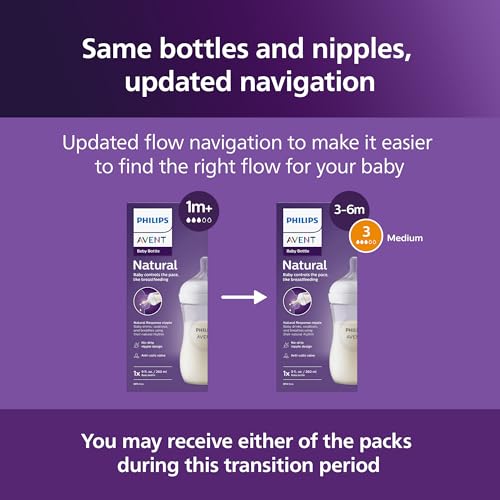 Philips Avent Natural Baby Bottles with Natural Response Nipples (Medium Flow, Flow 3), 9oz, 4-Pack, SCY903/04