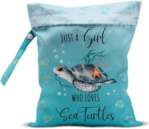 Waterproof Wet Bag for Swimsuit, Travel Beach Wet Dry Bag, Hidden Zipper Reusable Baby turtle Wet Bags, for Travel Beach Wet Swimsuits Toiletries Diapers Dirty Gym Clothes Laundry Bag