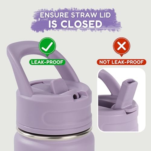 12oz Kids Water Bottle for School, Toddler Bottles with Straws, Stainless Steel Vacuum Insulated Water Bottle for Boys&Girls, Leak-Proof, BPA-Free, Purple