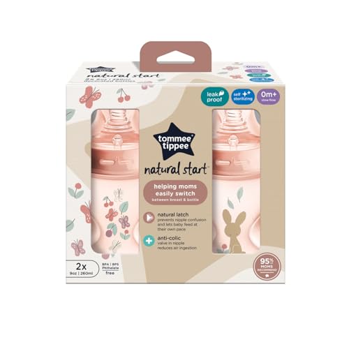 Tommee Tippee Natural Start Anti-Colic 9 oz BPA Free Baby Bottles, 0+ Months, Slow Flow Breast-Like Nipple, Self Sterilizing, Designed for Seamless Transition Between Bottle & Breast, Pink, Pack of 2