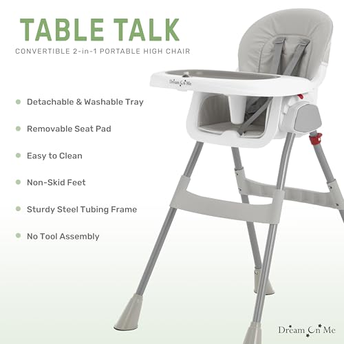 Dream On Me Portable 2-in-1 Tabletalk High Chair, Convertible Compact High Chair, Light Weight Portable Highchair, Grey