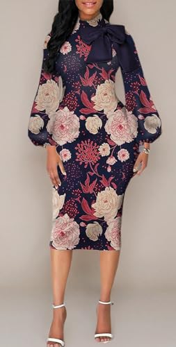 BestGirl Elegant Long Sleeve Dress for Women Bow Knot Bishop Sleeve Work Office Prom Bodycon Sexy Midi Dresses