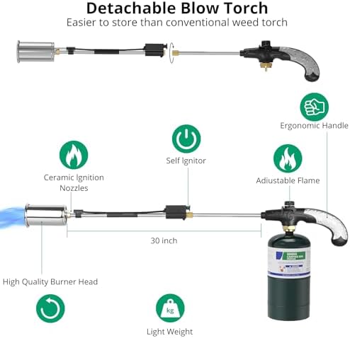 Sondiko Propane Torch Weed Burner, High Output 1,200,000 BTU Weed Torch Flamethrower, 30" Detachable Long Arm Heavy Duty Blow Torch with Flame Control For Garden, Wood, Ice, Snow, Stumps, Melting