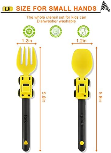 Construction Toddler Utensils - Toddler Forks and Spoons - Kids Construction Truck Toys - Forks and Spoons Silverware Set - Christmas Birthday Gift Kids Toys for 1 2 3 4 5 year old, Yellow
