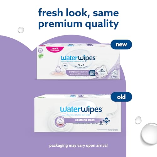 WaterWipes Sensitive+ Soothing Wipes, 3-In-1 Cleans, Cares, Soothes, 99% Water with Botanical Extract, Unscented & Hypoallergenic Baby Wipes, 360 Count (6 Packs)