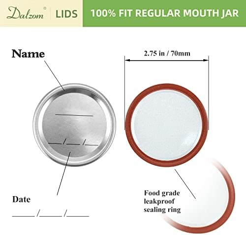 Dalzomยฎ 48Pcs Canning Lids with Rings Regular Mouth, Premium Mason Jar Lids with Bands/Rings for Ball, Kerr Jars - Food Grade Material, 100% Fit & Airtight for Regular Mouth Mason Jars