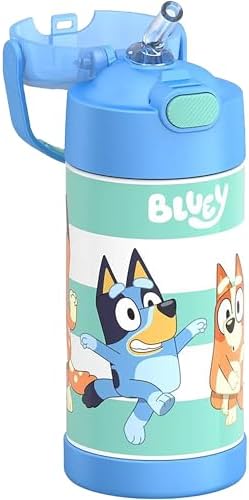 THERMOS FUNTAINER Water Bottle with Straw - 12 Ounce - Kids Stainless Steel Vacuum Insulated Water Bottle with Lid, Bluey