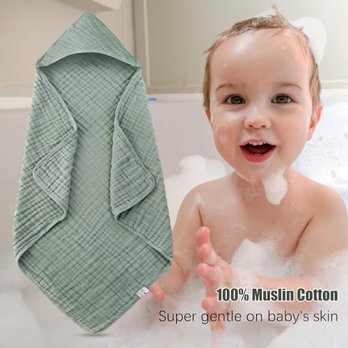2 Pack Hooded Baby Towels - 100% Muslin Cotton for Newborns, Infants, Toddlers - Large 32x32Inch Size - Highly Absorbent and Essential for Newborn Care, Green and Grey