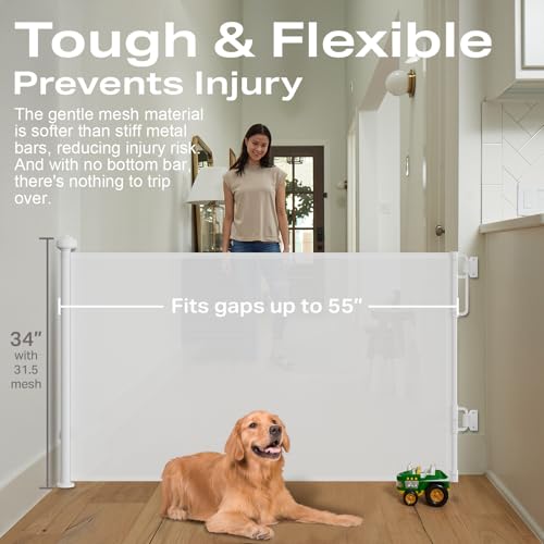 Cumbor 55" Wide Retractable Baby Gates for Stairs, Mom's Choice Award - Mesh Dog Gate for Doorways, Pet Safety Essential Fit for Baseboards, Wide Toddlers Gates for Hallways, Indoor & Outdoor, White