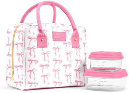 Fit & Fresh Bloomington Lunch Bag for Women - Insulated Large Lunch Box for Work with Containers, Leak-Resistant, Stain-Resistant, Zipper Closure, Pink Bows