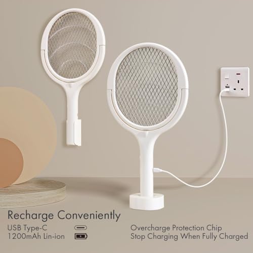 GeckoMan Rotating Head Electric Fly Swatter Racket Rechargeable Bug Zapper Racket Bug Zapper Indoor Fly Zapper Mosquito Zapper Flies Killer for Indoors, with a Telescopic Extension