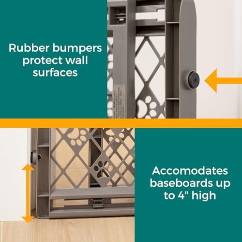 MYPET North States Paws Portable Pet Gate: 26-40" Wide. Pressure Mount. No Tools Needed. Made in USA. Dog Gate 23" Tall, Expandable, Durable Dog Gates for Doorways, Fieldstone Gray