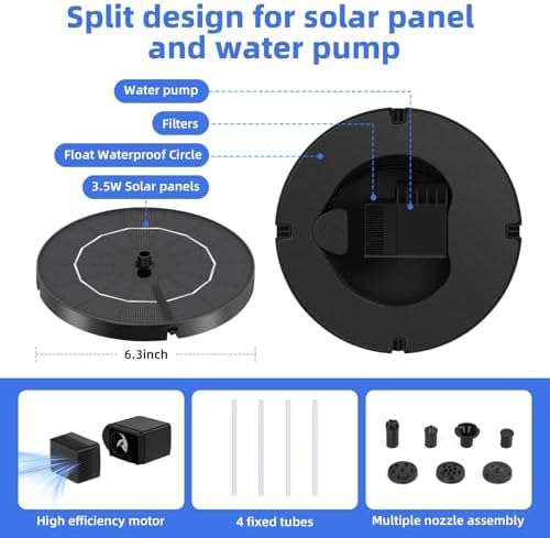Solar Fountain for Bird Bath, Solar Water Fountain with Multiple Nozzles & Fixed Pipes, Upgraded Version 3.5W Solar Water Pump, Suitable for Bird Bath, Garden, Courtyard, Fish Tank, Outdoor