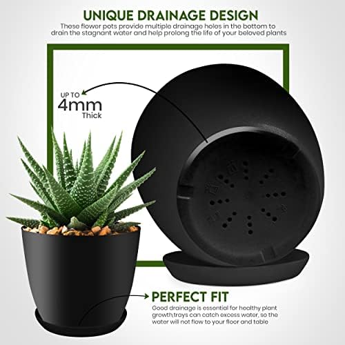 Utopia Home - Plant Pots Indoor with Drainage - 7/6.6/6/5.3/4.8 Inches Flower Pots for Indoor Planter - 5 Pack Plastic Planters - Ideal for Stocking Stuffers or Home Christmas Decorations - Black