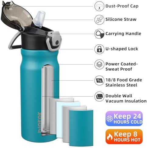 BJPKPK 18oz Insulated Water Bottle With Straw Stainless Steel Double Wall Water Bottles BPA Free Leak Proof Thermos With Lockable Flip Lid And Soft Silicone Spout,Laguna