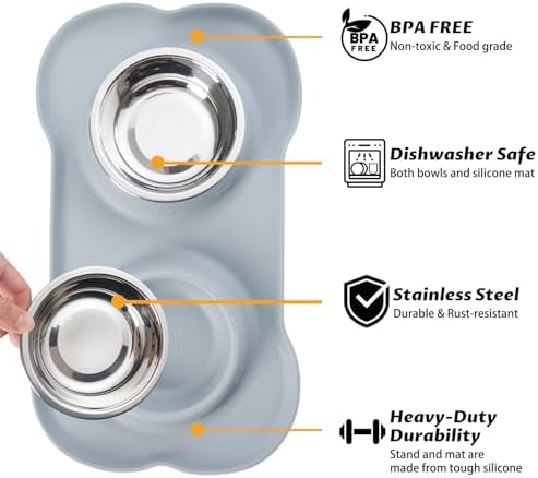 Hubulk Pet Dog Bowls 2 Stainless Steel with No Spill Non-Skid Silicone Mat + Pet Food Scoop Water and Food Feeder Bowls for Feeding Small Medium Large Dogs Cats Puppies ( Gray)