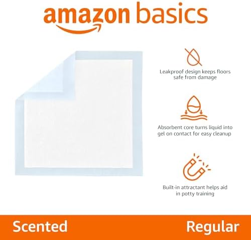 Amazon Basics Scented Dog and Puppy Pee Pads, 5-Layer Leak-Proof Super Absorbent, Quick-Dry Surface, Potty Training, Regular (22x22"), 100 Count, Blue & White