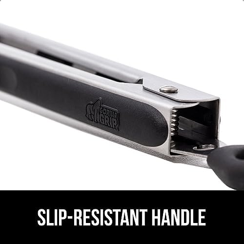 GORILLA GRIP Stainless Steel Heat Resistant Kitchen Tongs for Cooking, 7 + 12 Inch Set of 2 BBQ Tong, Non Scratch Silicone Tip for Pan, Strong Grip, Grab Food, Toss Salad, Air Fryer, Pull Lock, Black