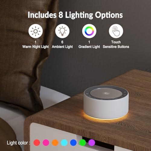 Kipcush White Noise Sound Machine with Nursery Lamp, Mood Lighting, 7 Colour Night Light, 30 Soothing Sounds for Baby/Adult. Timer, Plug in, Memory Function, Touch Control
