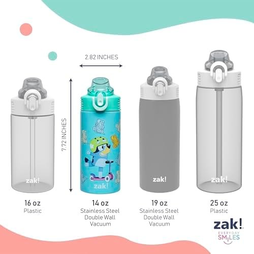 Zak Designs Bluey Sage Kids Water Bottle For School or Travel, 14oz Stainless Steel Water Bottle With Straw, Handle, and Leak-Proof, Pop-Up Spout Cover (Bluey & Bingo)