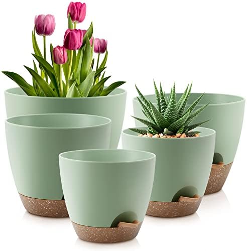 Plant Pots 10/9/8/7.5/7 Inch Self Watering Pots, Set of 5 Plastic Planters with Drainage Holes and Saucers,Plastic Flower Pots,Nursery Planting Pot for Indoor Out Door Plants(Green)