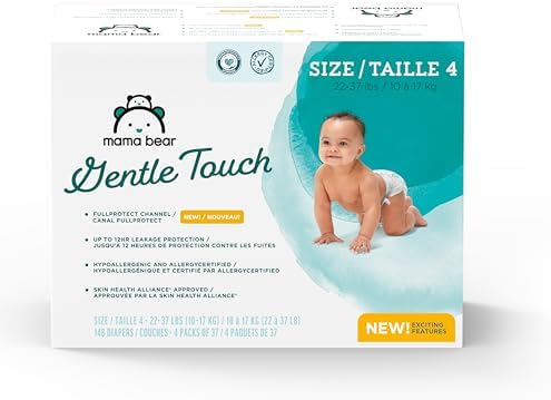 Amazon Brand - Mama Bear Gentle Touch Diapers, Size 4, 148 Count (4 packs of 37)