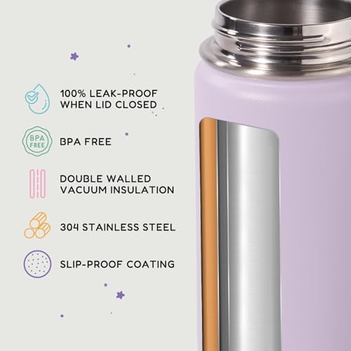 12oz Kids Water Bottle for School, Toddler Bottles with Straws, Stainless Steel Vacuum Insulated Water Bottle for Boys&Girls, Leak-Proof, BPA-Free, Purple