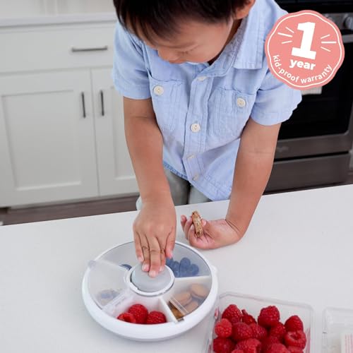 GoBe Kids Small Snack Spinner Flip Bundle with Hand Strap and Sticker Sheet - Reusable Snack Container with 5 Compartment Dispenser and Lid | BPA/PVC Free | Dishwasher Safe | No Spill- Macaron Blue