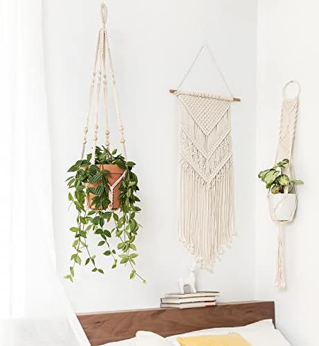 Mkono Macrame Plant Hanger Indoor Hanging Planter Basket with Wood Beads Decorative Flower Pot Holder No Tassels for Indoor Outdoor Boho Home Decor 35 Inch, Ivory, Set of 2 (POTS NOT Included)