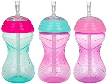 Nuby 3 Piece No-Spill Easy Grip Cup with Flex Straw, Clik It Lock Feature, Girl, 10 Ounce