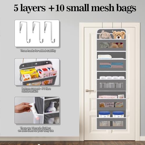 Over The Door Organizer, 5 Shelves Closet Door Hanging Organizer with 10 Mesh Pockets, Nursery Closet Organizer, Baby Essentials, Stuffed Animal Storage