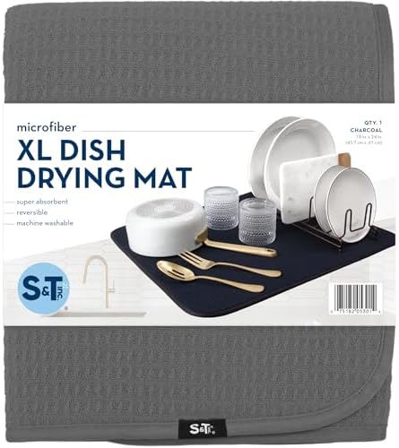 S&T INC. Dish Drying Mat XL, 18” x 24”, Absorbent Microfiber Kitchen Counter Mat, Dish Drying Pad for Dishes, Utensils, Pots and Pans, Extra Large, Charcoal