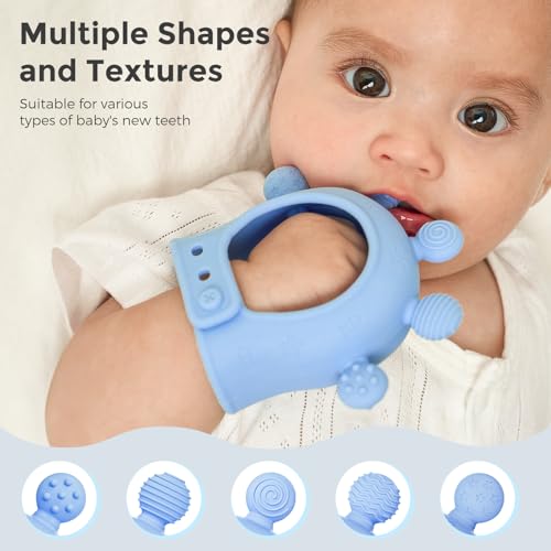 Momcozy Baby Teether Toys | Food Grade Silicone Teething Relief 0-6 Months | Teething Toy 6-12 Months | Baby Essential | Yellow and Blue