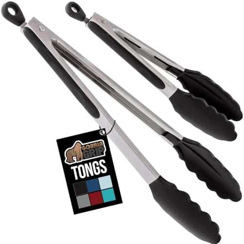 GORILLA GRIP Stainless Steel Heat Resistant Kitchen Tongs for Cooking, 7 + 12 Inch Set of 2 BBQ Tong, Non Scratch Silicone Tip for Pan, Strong Grip, Grab Food, Toss Salad, Air Fryer, Pull Lock, Black