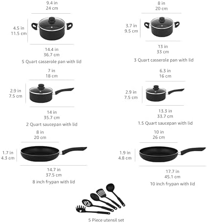 Amazon Basics Non Stick Kitchen Cookware 15-Piece Set, Non-Induction, Includes Pots, Pans, and Utensils, Black