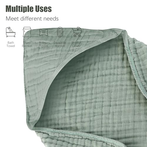 2 Pack Hooded Baby Towels - 100% Muslin Cotton for Newborns, Infants, Toddlers - Large 32x32Inch Size - Highly Absorbent and Essential for Newborn Care, Green and Grey