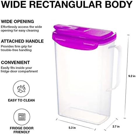 LocknLock Aqua Fridge Door Water Jug with Handle BPA Free Plastic Pitcher with Flip Top Lid Perfect for Making Teas and Juices, 2 Quarts, Purple